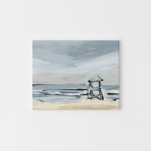 May include: A painting of a beach scene with a lifeguard stand in the foreground. The sky is a light blue with white clouds, and the ocean is a dark blue with white waves. The sand is a light brown.