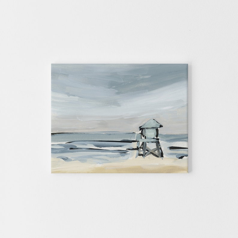 May include: A painting of a beach scene with a lifeguard stand in the foreground. The sky is a light blue with white clouds, and the ocean is a dark blue with white waves. The sand is a light brown.