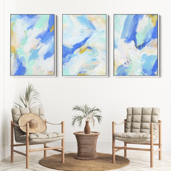 Abstracte printset | Moderne strand heldere kustschilderingen in blauw en mint drieluik | "A Montauk Summer" - set van 3 - kunstafdrukken of canvasdoeken