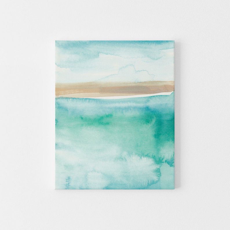 May include: Abstract watercolor painting of a seascape with a light blue sky, a brown sandbar, and turquoise water.