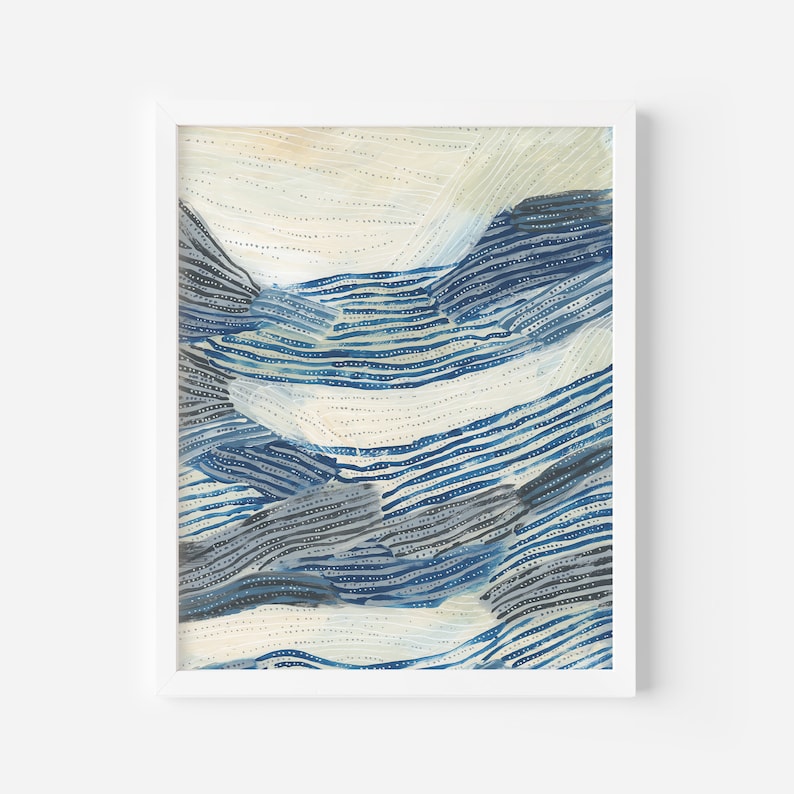 Puede incluir: Pintura abstracta de l&iacute;neas azules y blancas superpuestas creando un efecto de cordillera.