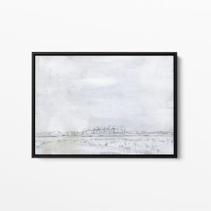 May include: A black and white sketch of a landscape with a line of trees in the distance. The sky is a light gray color.