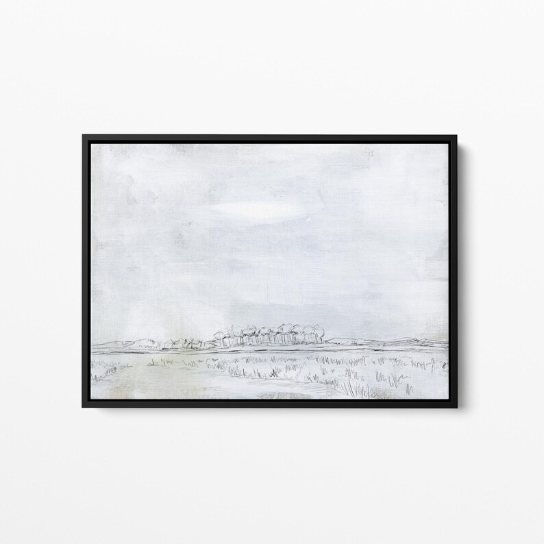 May include: A black and white sketch of a landscape with a line of trees in the distance. The sky is a light gray color.
