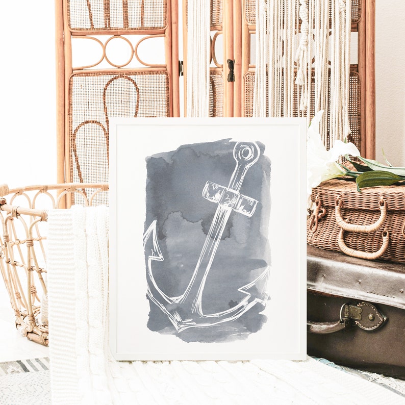 May include: A white anchor illustration on a gray watercolor background. The anchor is a nautical symbol of hope and strength.
