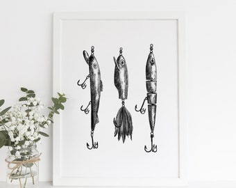 Fishing Lure Art Lakehouse Decor Fisherman Dad Gift Lake House Art | "Black + White Fly Fishing Lures Illustration" - Art Print or Canvas