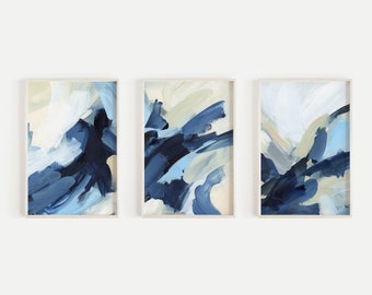 Set of 3 Abstract Ocean Navy Blue & White Art Prints of - Etsy UK