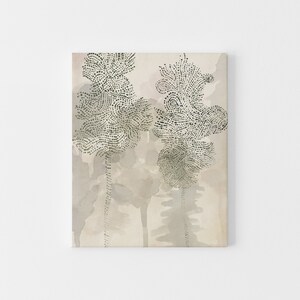 May include: Abstract art print featuring two stylized trees in shades of gray and green on a beige background.