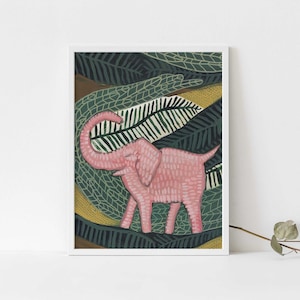 Pink Elephant Print Tropical Jungle Painting Safari Nursery Decor Tropics Botanical Wall Art | "Pink Jungle Elephant" - Art Print or Canvas