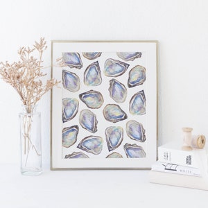 Oyster Pearl Sea Shell Coastal Louisiana Decor New Orleans Style Beach Wall Art | "Watercolor Oyster Pattern"  - Art Print or Canvas