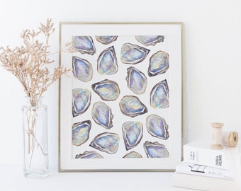 Coastal Pearl Louisiana Decor | "Watercolor Oyster Pattern" - Art Print or Canvas