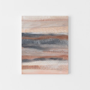 May include: Abstract art print with horizontal stripes in shades of brown, gray, and white. The stripes are made up of different patterns, including dots, lines, and triangles.