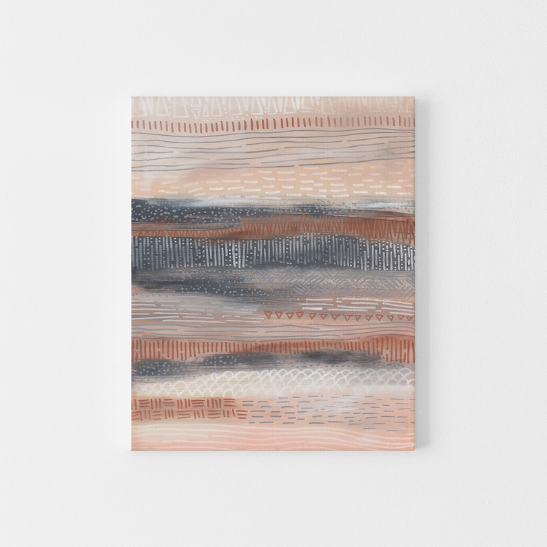 May include: Abstract art print with horizontal stripes in shades of brown, gray, and white. The stripes are made up of different patterns, including dots, lines, and triangles.