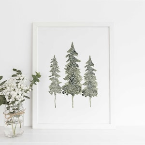 Pine Tree Art Watercolor Modern Forest Christmas Nordic Style Artwork Scandinavian Winter Art | "Watercolor Pine Trio" - Art Print or Canvas