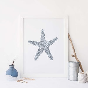 Starfish Wall Art Modern Coastal Nautical Decor Blue & White Sea Star Bathroom Beach Minimalist Starfish Art Print or Canvas image 2