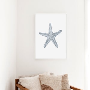 Starfish Wall Art Modern Coastal Nautical Decor Blue & White Sea Star Bathroom Beach Minimalist Starfish Art Print or Canvas image 1