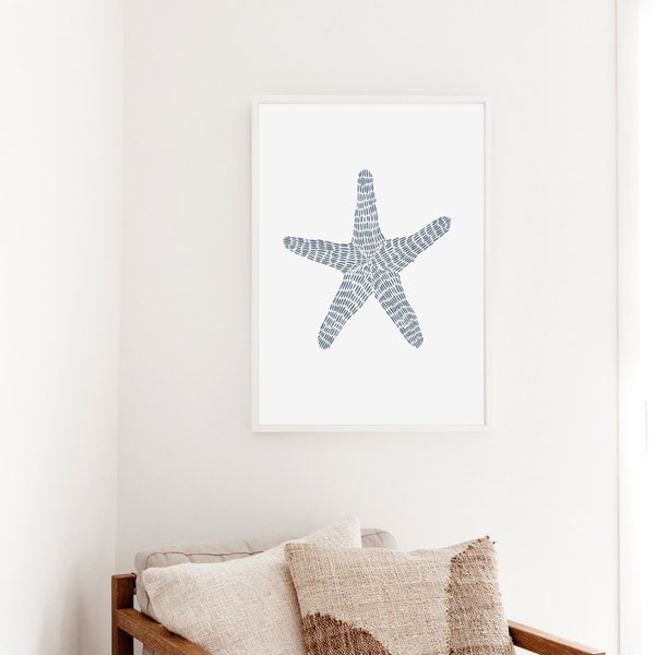 Starfish Wall Art Modern Coastal Nautical Decor Blue & White Sea Star Bathroom Beach  | "Minimalist Starfish" - Art Print or Canvas