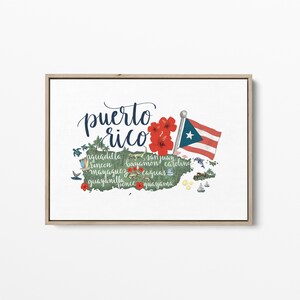 May include: A watercolor illustration of Puerto Rico with the words "puerto rico" in blue script. The island is outlined in green and features red hibiscus flowers, a blue and white Puerto Rican flag, and the names of various cities and towns in black text.
