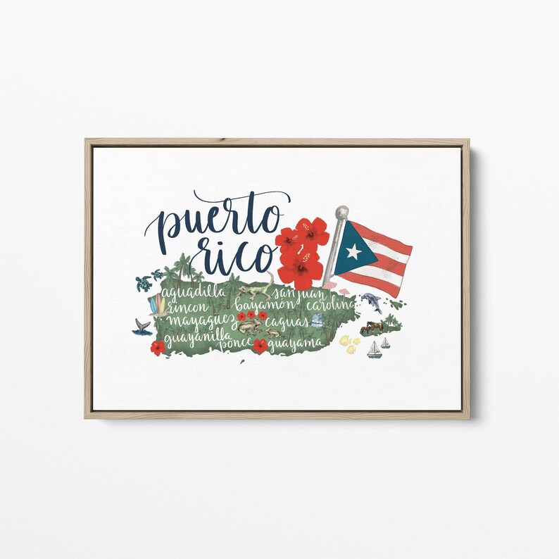 May include: A watercolor illustration of Puerto Rico with the words "puerto rico" in blue script. The island is outlined in green and features red hibiscus flowers, a blue and white Puerto Rican flag, and the names of various cities and towns in black text.