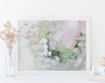 Abstract Chic Painting Modern Floral Rose Pink & Green Contemporary Gift for Her Trendy Wall Art | "Wildflower Slope" - Art Print or Canvas