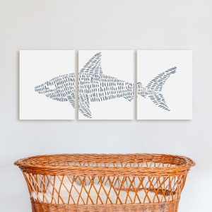 Shark Art Triptych | Nautical Decor for Boys&#39; Nursery or Bedroom | &quot;Great White Shark Modern Illustration&quot; - Set of 3 Art Prints or Canvases