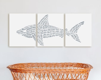 Shark Art Triptych | Nautical Decor for Boys' Nursery or Bedroom | "Great White Shark Modern Illustration" - Set of 3 Art Prints or Canvases