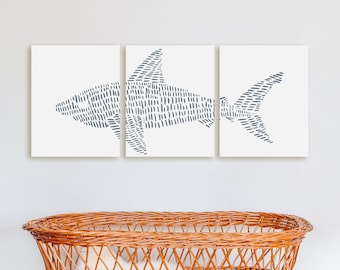 Shark Art Print Nursery Nautical Decor Boys Bedroom Triptych | "Great White Shark Modern Illustration" - Set of 3  - Art Prints or Canvases