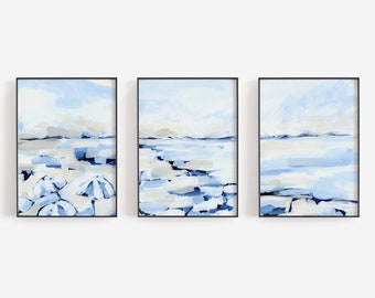 Coastal Wall Art Beach Decor Modern Coastline Painting Blue & White Summer Triptych | "Coastal Haze" - Set of 3 - Art Prints or Canvases