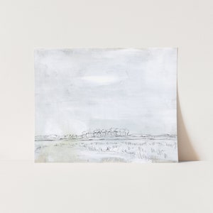 May include: A black and white minimalist landscape painting with a light gray background. The painting depicts a line of trees in the distance with a field of grass in the foreground.