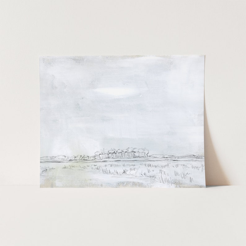 May include: A black and white minimalist landscape painting with a light gray background. The painting depicts a line of trees in the distance with a field of grass in the foreground.