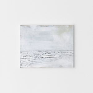 May include: A minimalist painting of a seascape with a white background and a thin black line representing the horizon and waves.