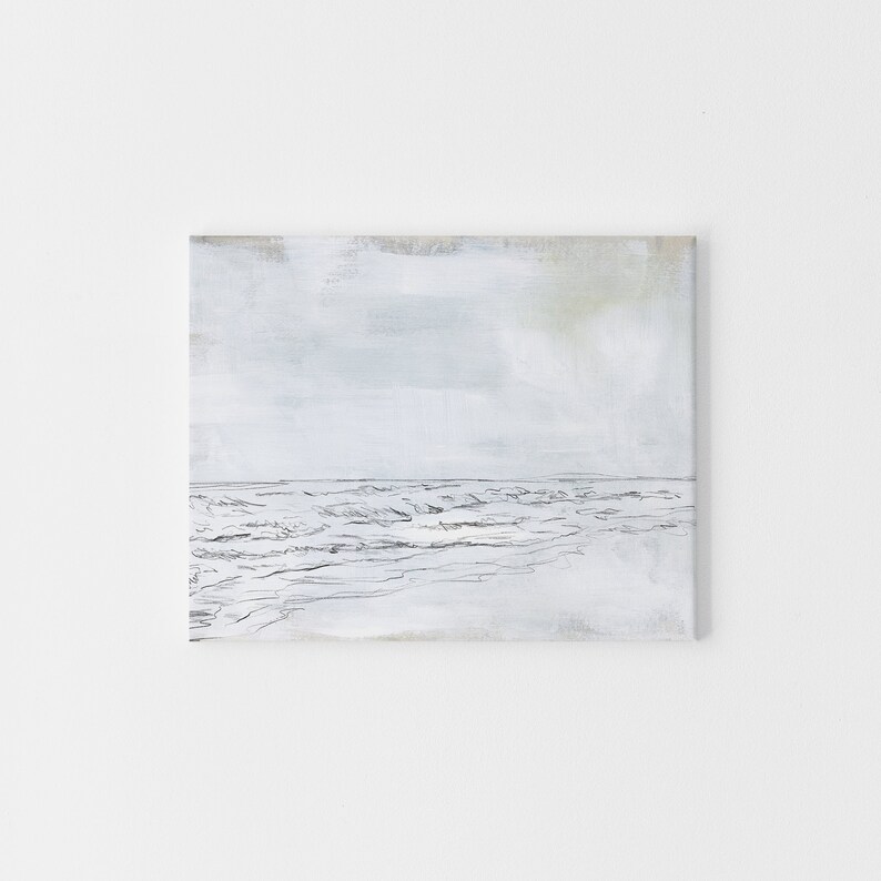 May include: A minimalist painting of a seascape with a white background and a thin black line representing the horizon and waves.