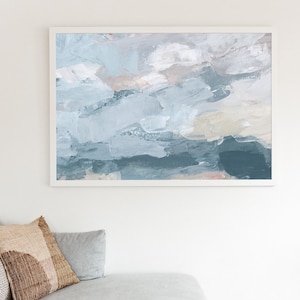 Pintura Abstrata | Decoração de Paisagem em Azul e Branco para Arte Moderna em Casa Costeira | &quot;Perseguindo Nuvens, Nº 1&quot; - Impressão de Parede ou Tela