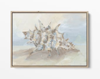 May include: A painting of a seashell on a beach with a light blue and white background. The seashell is a light brown color with a textured surface.