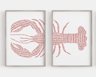 Lobster Print Red and White Modern Nautical Decor Beach Art New England Maine Diptych | "Red Lobster" - Set of 2 - Art Prints or Canvases