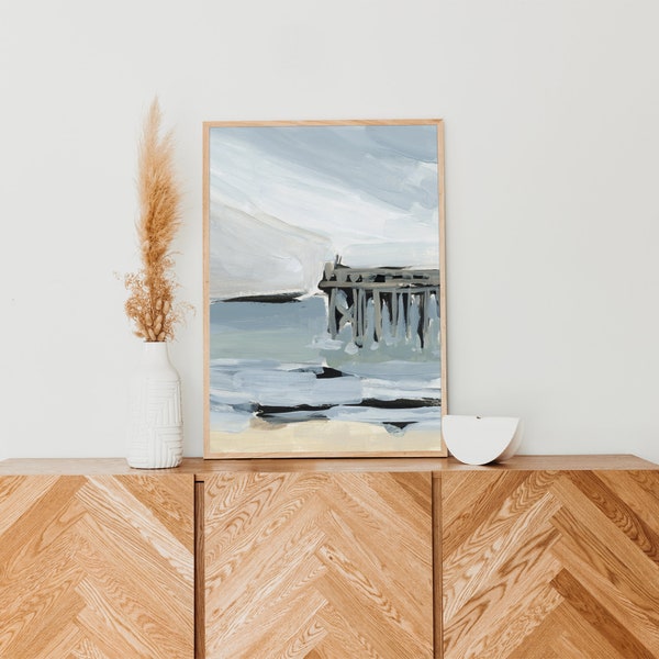 Pier Art Jetty Print Modern Beach House Vertical Bold Coastal Painting Surfer Nursery Wall Art | "Edge of the World" - Art Print or Canvas