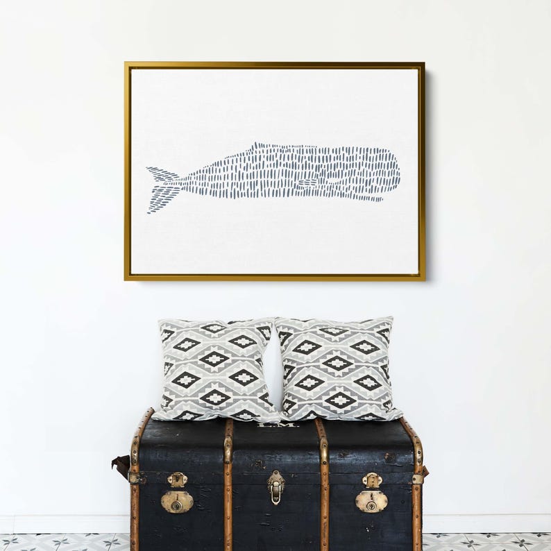 Coastal Decor | Nautical Wall Art with Whale Artwork in Slate Blue for Hamptons Style | "Sperm Whale Illustration" - Art Print or Canvas image 7
