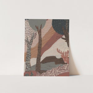 May include: An abstract illustration of a forest scene with trees, a deer, and a colorful, patterned background. The colors are mostly brown, pink, and blue.