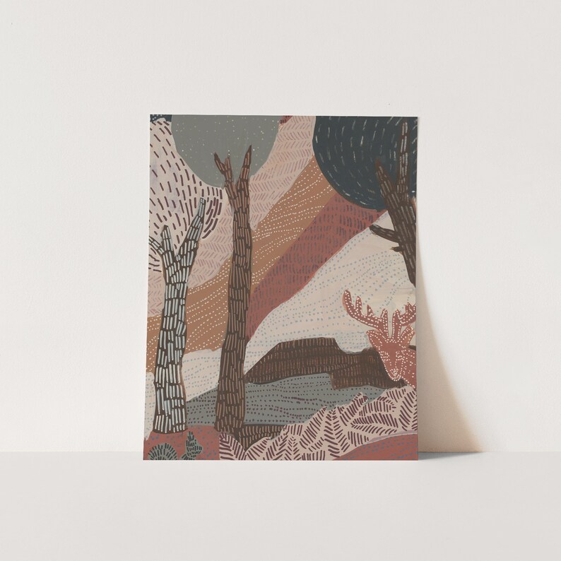 May include: An abstract illustration of a forest scene with trees, a deer, and a colorful, patterned background. The colors are mostly brown, pink, and blue.
