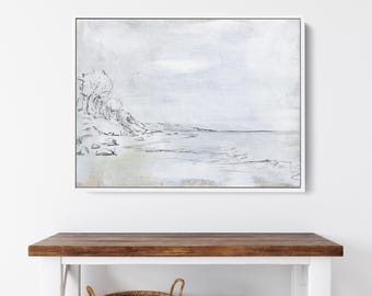 May include: A black and white sketch of a seascape with a coastline and trees in the foreground. The background is a light blue watercolor wash.