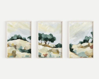 Landscape Painting Print Set Hillside Oak Tree Farmhouse Triptych | "Golden Hills" - Set of 3 - Art Prints or Canvases