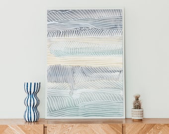 May include: A framed abstract watercolor painting with a light blue, gray, and white color scheme. The painting features a series of horizontal lines and geometric shapes.
