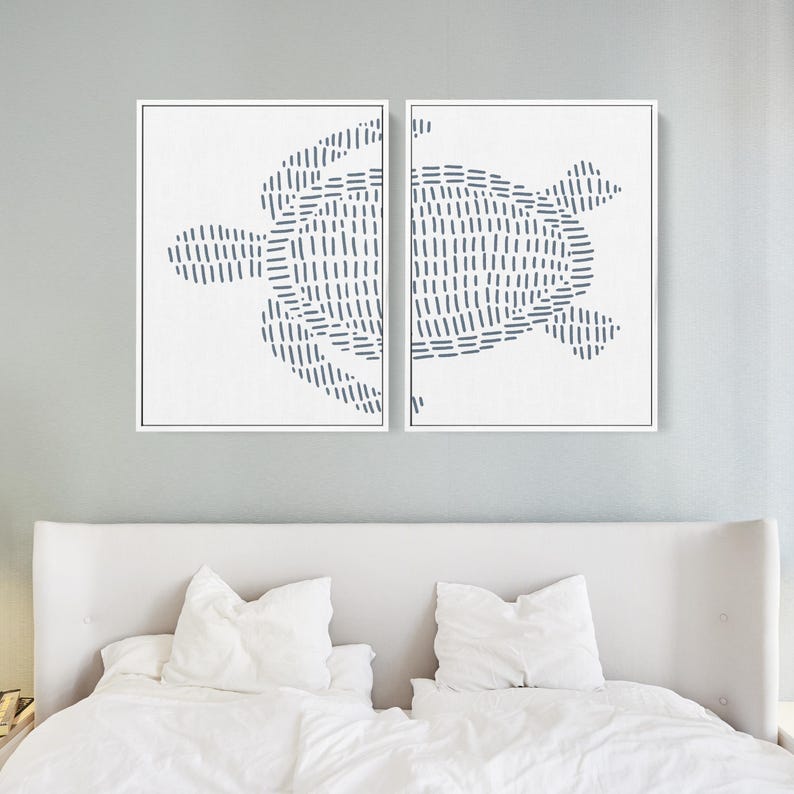 Sea Turtle Print Set | Modern Beach House Decor & Ocean-Inspired Diptych Art | "Sea Turtle Illustration" – Set of 2 – Art Prints or Canvases image 1