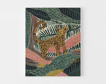 Leopard Print Cat Jungle Painting Artwork Modern Tropical Botanical Nursery Wall Art | "Jungle Leopard" - Art Print or Canvas