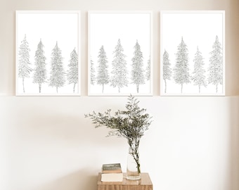 Scandinavian Decor | Set of 3 Winter Forest Nordic Art, Christmas Triptych | &quot;Minimalist Pine Tree Line&quot; - Set of 3 Art Prints or Canvases