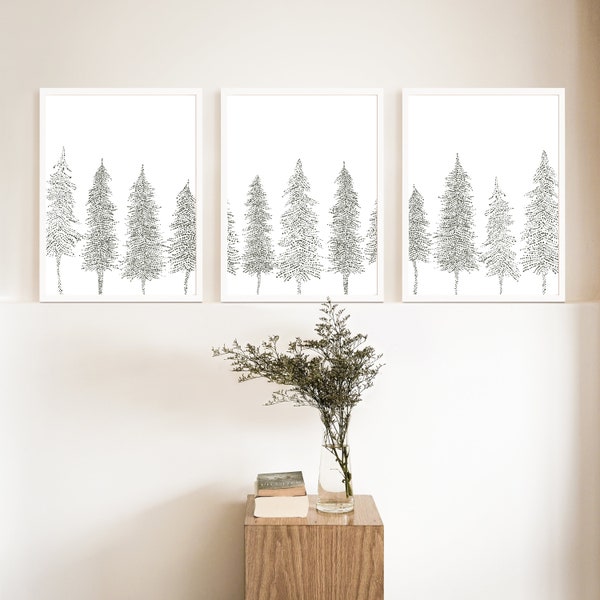 Scandinavian Decor Print Set of 3 Winter Forest Nordic Triptych | "Minimalist Pine Tree Line" - Set of 3 - Art Prints or Canvases