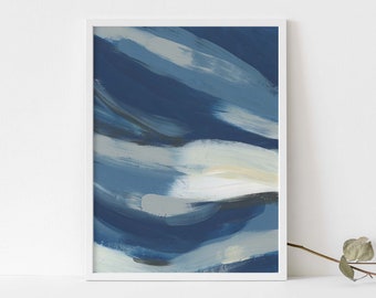 Blauw en wit abstract schilderij Oceaan print kust artwork nautische Hamptons stijl kunst aan de muur | "Blue Drift, nr. 1" - Kunstdruk of canvas