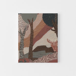 May include: Abstract art print featuring a stylized forest scene with trees, a deer, and a colorful background in shades of brown, red, and blue.