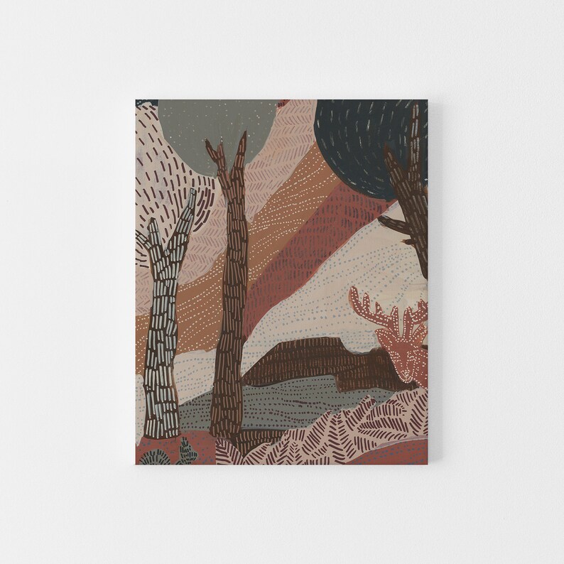 May include: Abstract art print featuring a stylized forest scene with trees, a deer, and a colorful background in shades of brown, red, and blue.