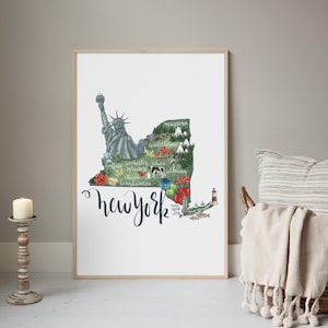 Kaart staat New York | NYC en Long Island geïllustreerde kunst aan de muur, NYS cadeau-idee | Kunstafdruk of canvas