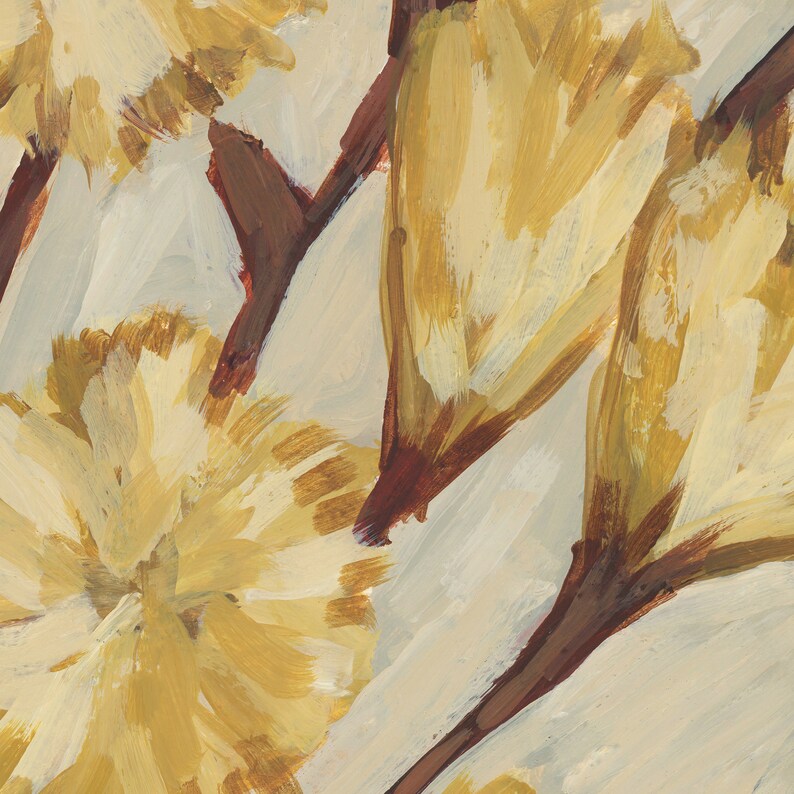 May include: A close-up of a painting featuring abstract shapes in shades of yellow, brown, and white. The shapes resemble flowers or petals, creating a soft and delicate visual.